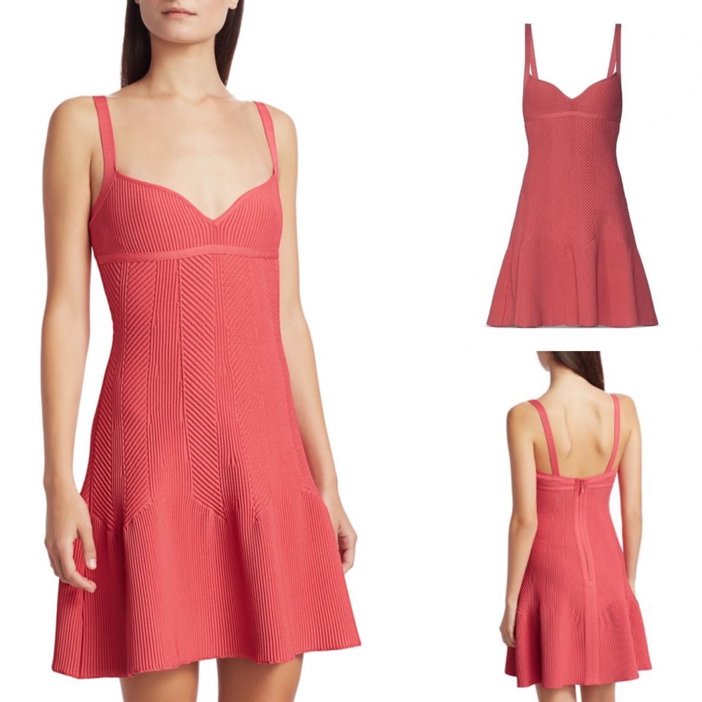 NWT Herve Leger Sweetheart Ribbed Fit and Flare Dress Fluted Hem Pink Burnt Rose